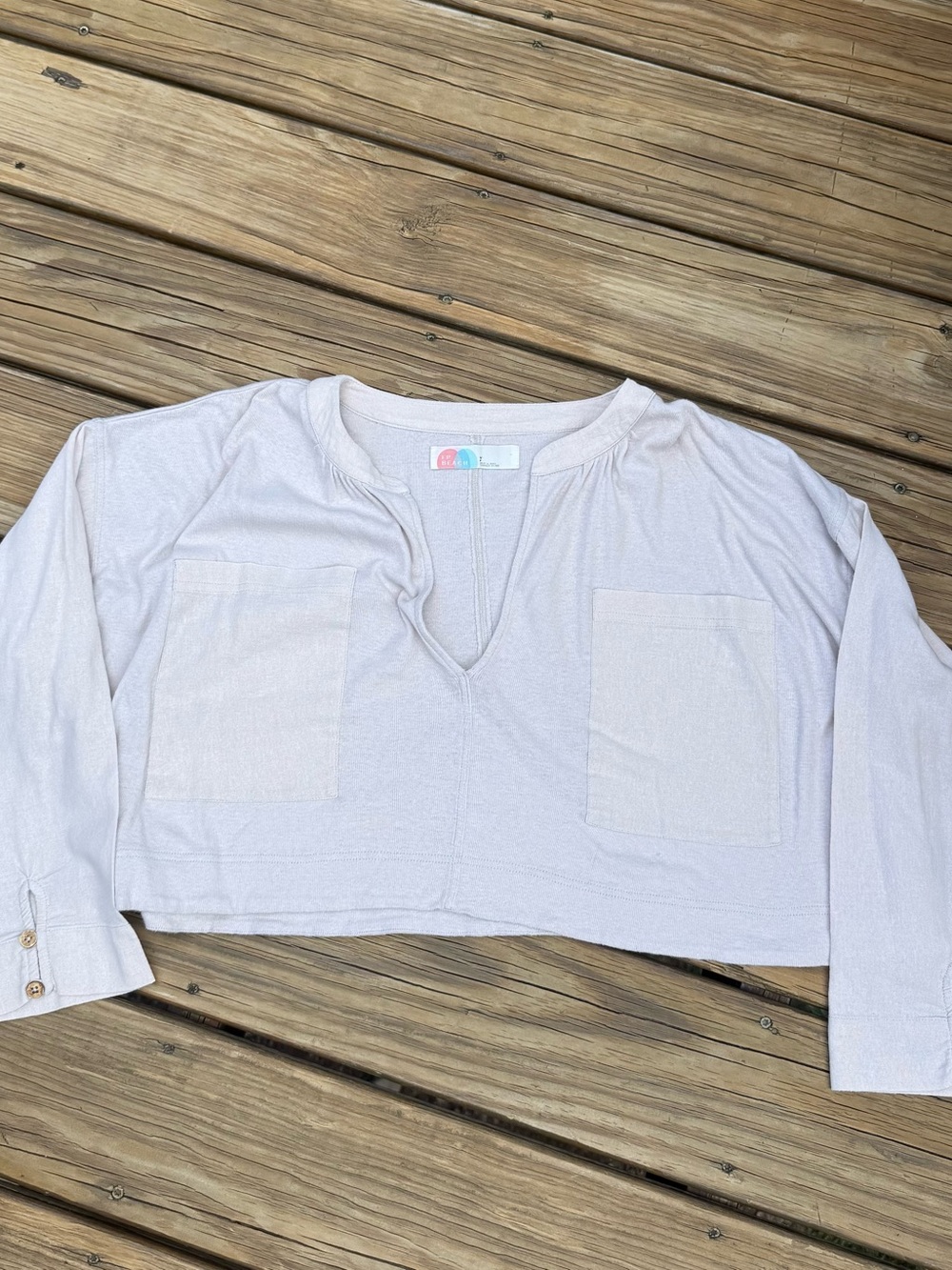 Free People Light Beige Off White Cropped Pullover Top with Front Pockets